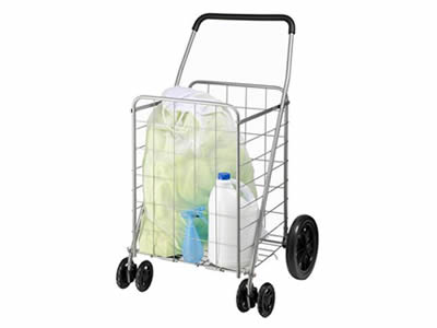 Stainless steel welded mesh utility cart with  articles in, with high handle and two small wheels ahead big wheels behind.